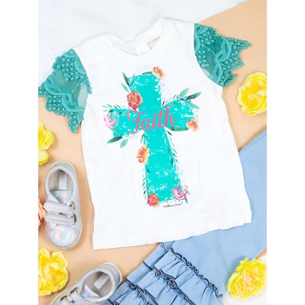 NEW SOUTHERN GRACE kid's faith cross with lace sleeves top in white